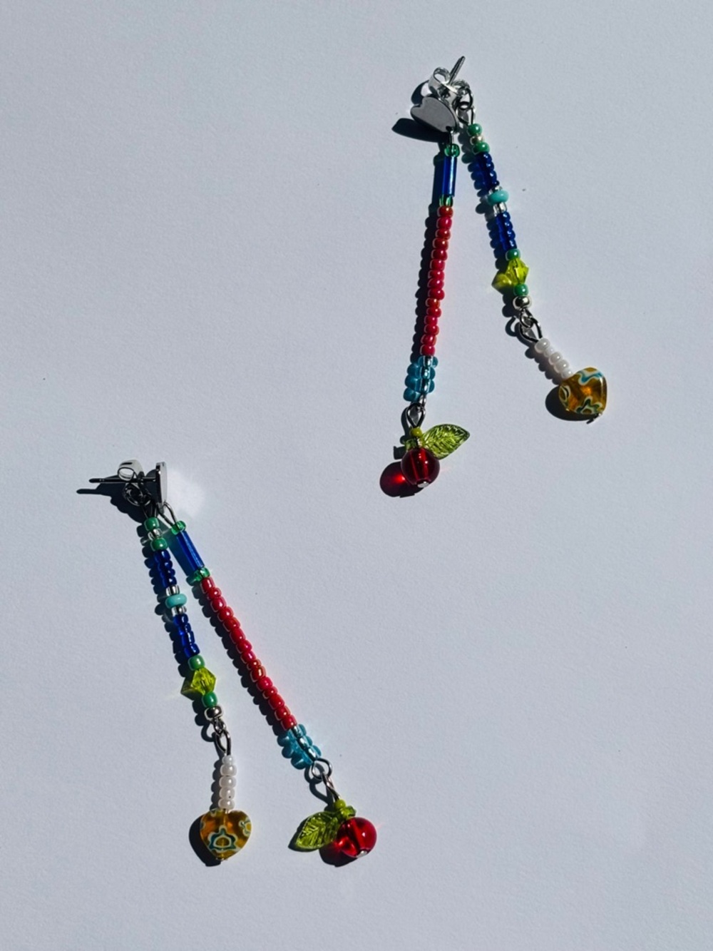 🍒 Handcrafted Heart Stud Colorful Beaded Dangle Earrings W/ Cherry Charms
